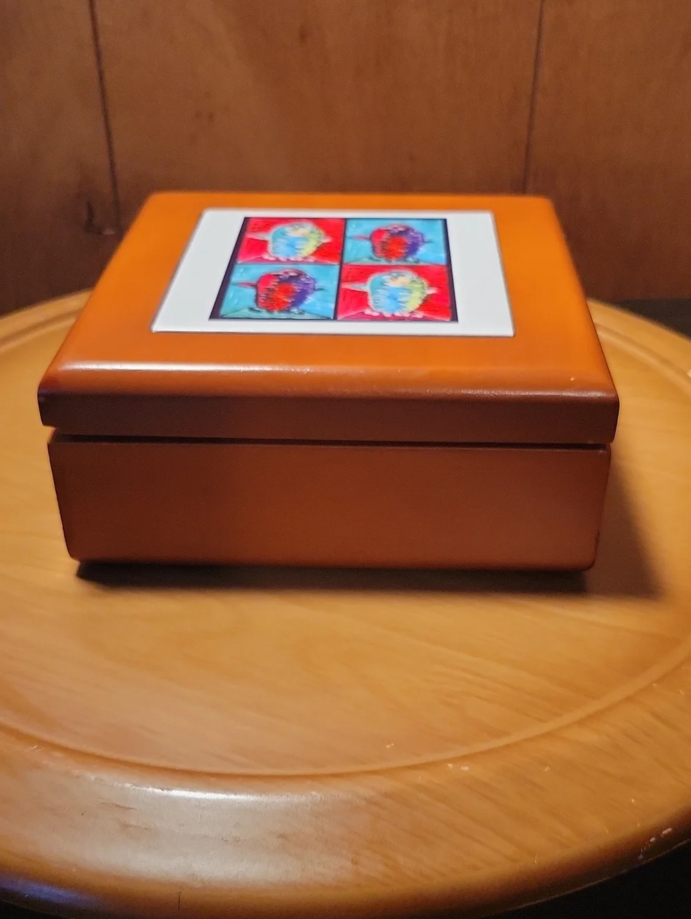 Wooden  Fish Trinket Jewelry Box with Colorful Tile Art